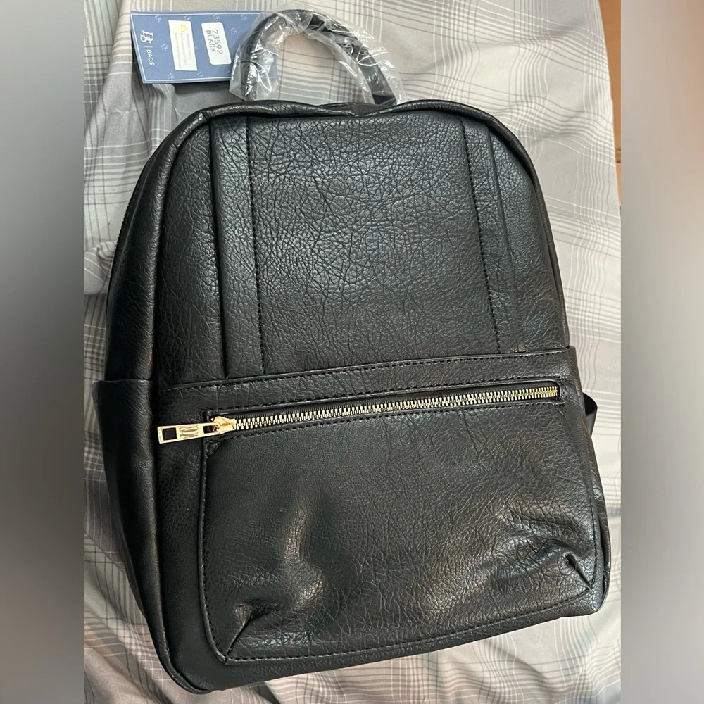 Black Faux Leather Backpack With Gold Tone Hardware